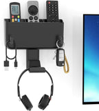 Adhesive Remote Control Holder Wall Mount with Headset Hanger, 3 in 1 Organizer TV/Fan Remote Caddy with Hook for Headphone, No Drill Controller Storage Bracket, Bed Wall Rack for Multiple Remote