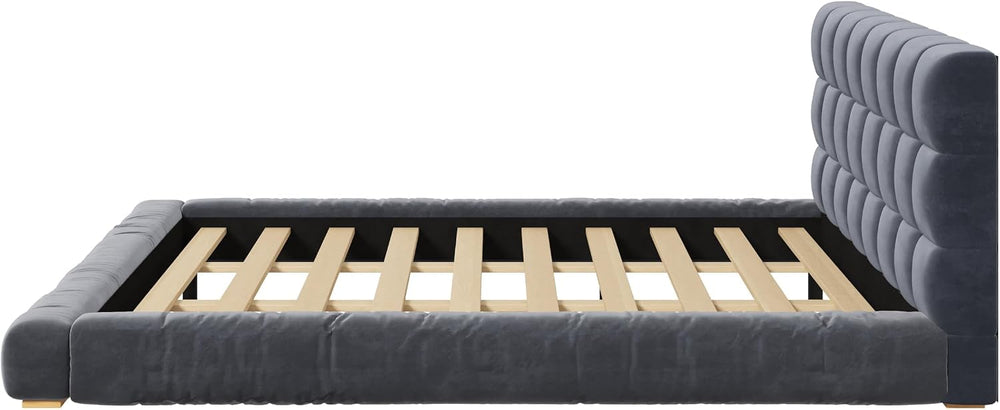 King Size Velvet Upholstered Low Profile Platform Bed with Channel Tufted Hea...