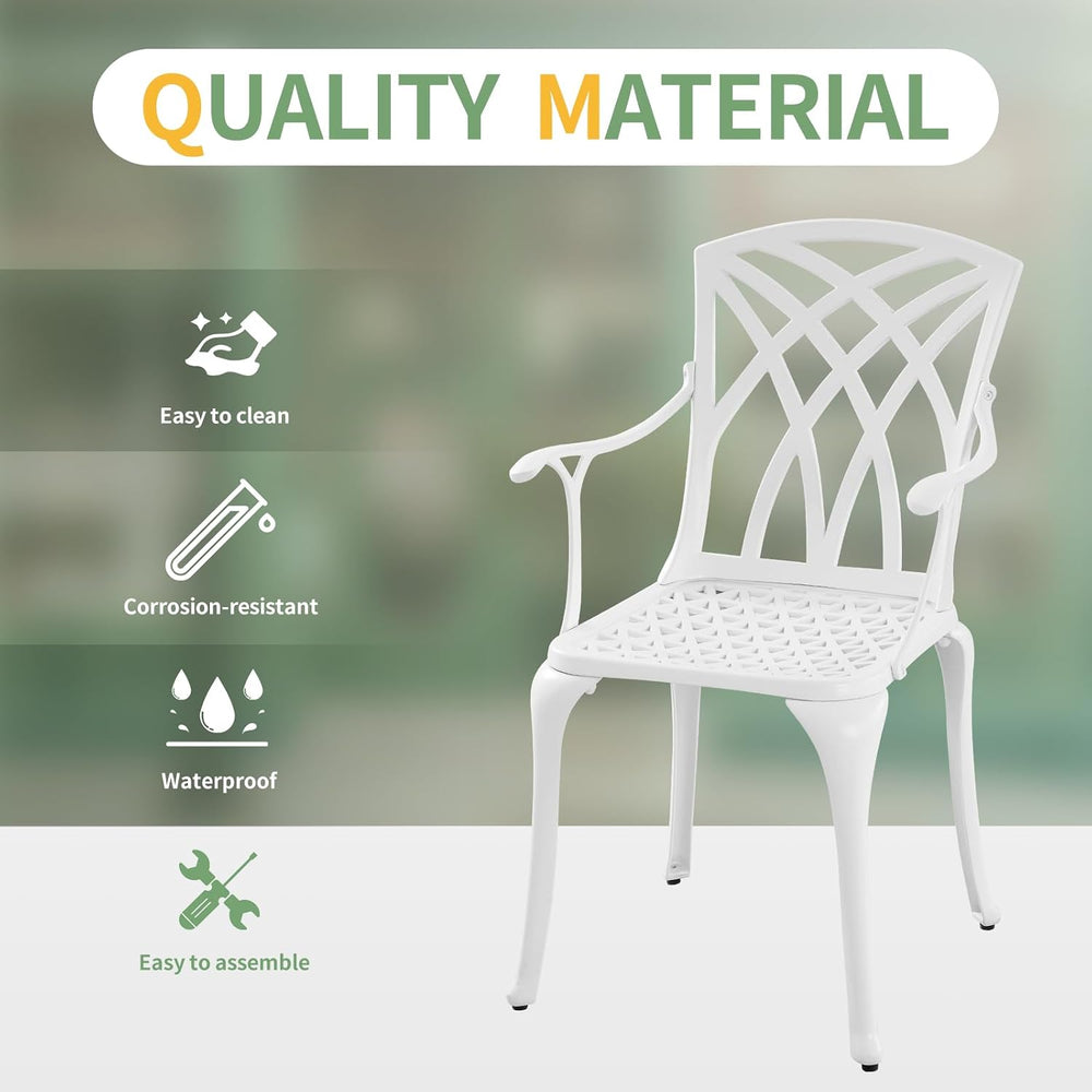 Modern White Cast Aluminum Outdoor Patio Dining Chairs, Set of 2, Ergonomic A...