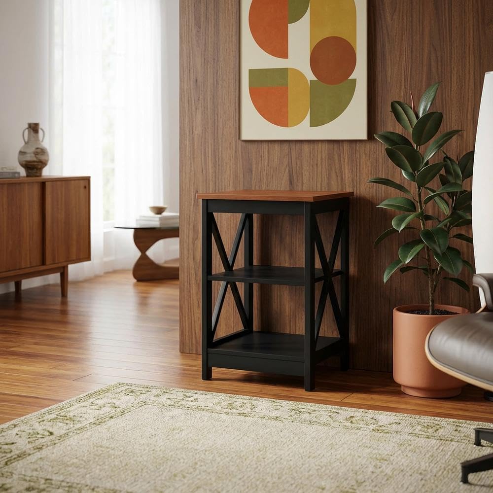 Furnifact Cherry/Black End Table with Shelves, Transitional Coastal Style, Du...
