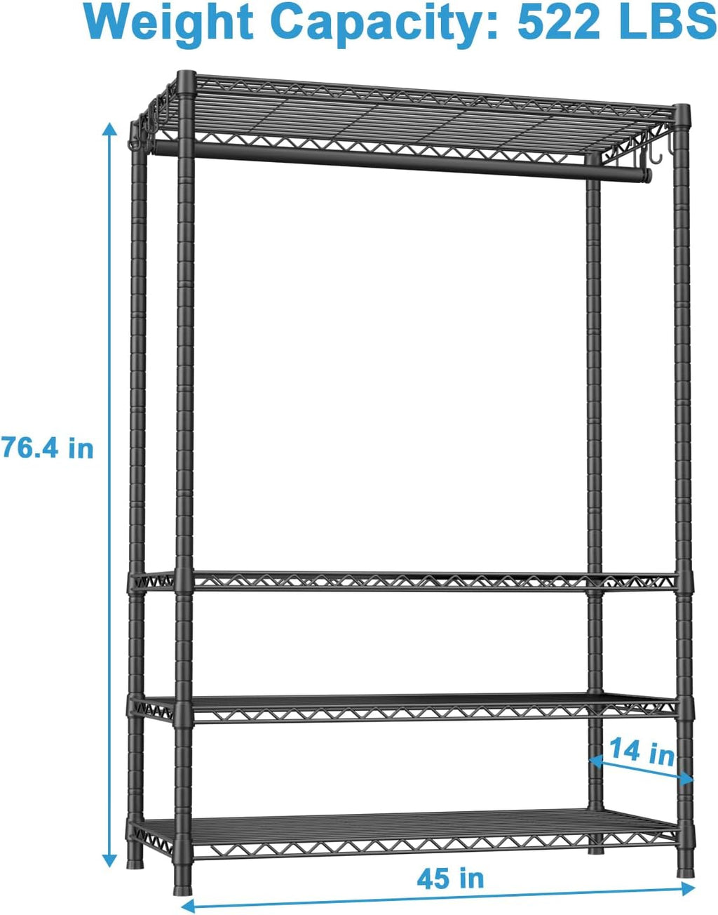 Ulif H4 Plus Portable Closets, 4-Tier Clothes Garment Rack for Bedroom and Cloakroom, Metal Clothing Storage and Organizer Wardrobe System, 45" W x 14" D x 76.4" H, Load 522lbs, Black