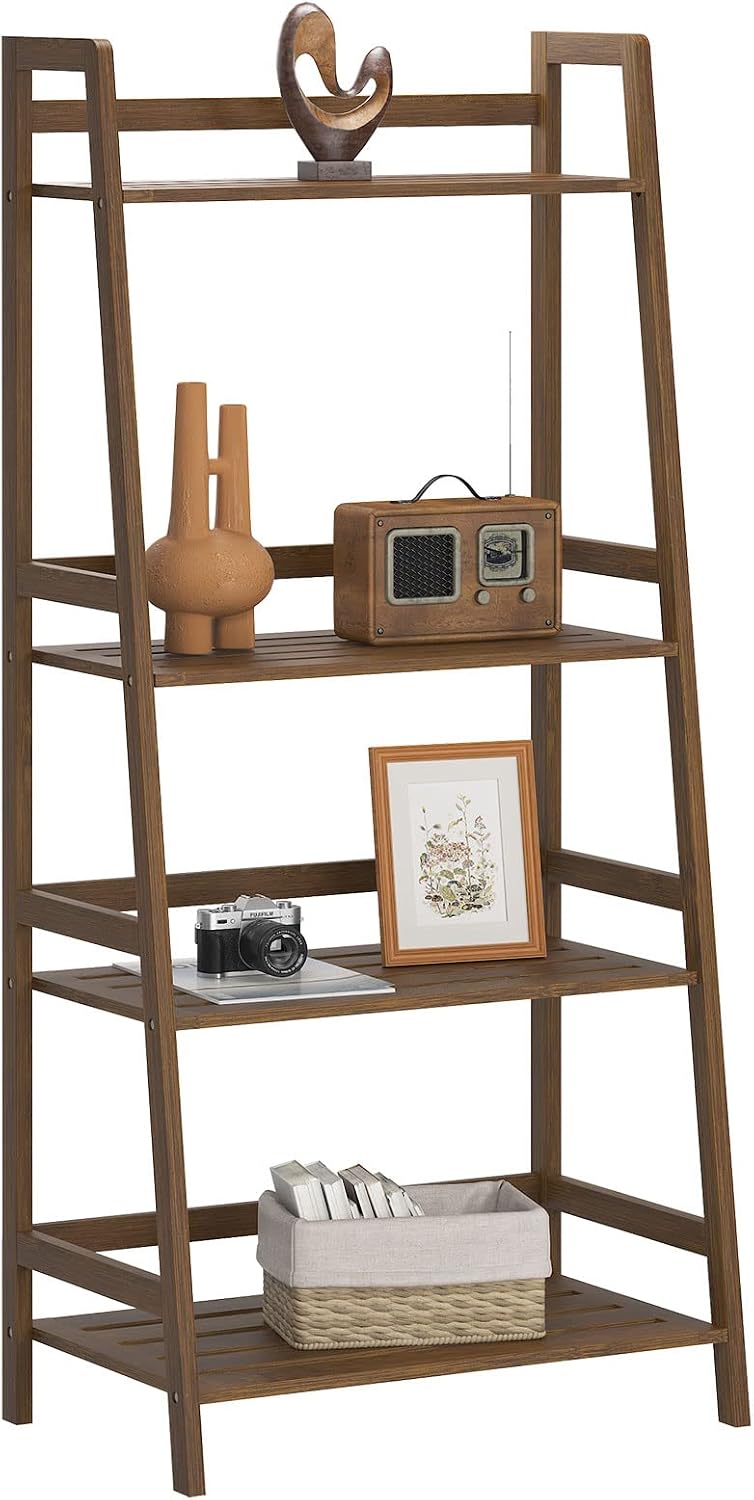 sogesfurniture, 4-Tier Bamboo Ladder Shelf, Rustic Style, Bookshelf Storage Rack, 18.9x11.8x46.5 inches, Brown