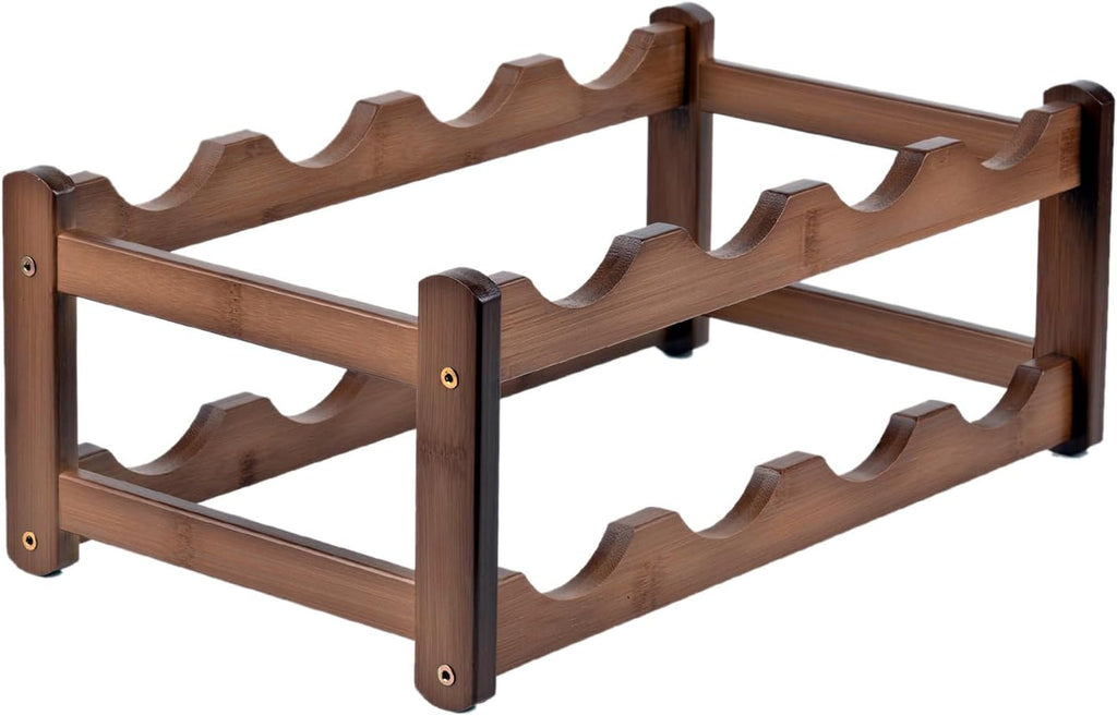 Bamboo Wine Rack, Walnut Finish 2-Tier Freestanding Storage Shelf, Holds 8 Bottles, Space Saving Countertop Cabinet Organizer for Basement, Kitchen, Pantry, Dining Room, Bar