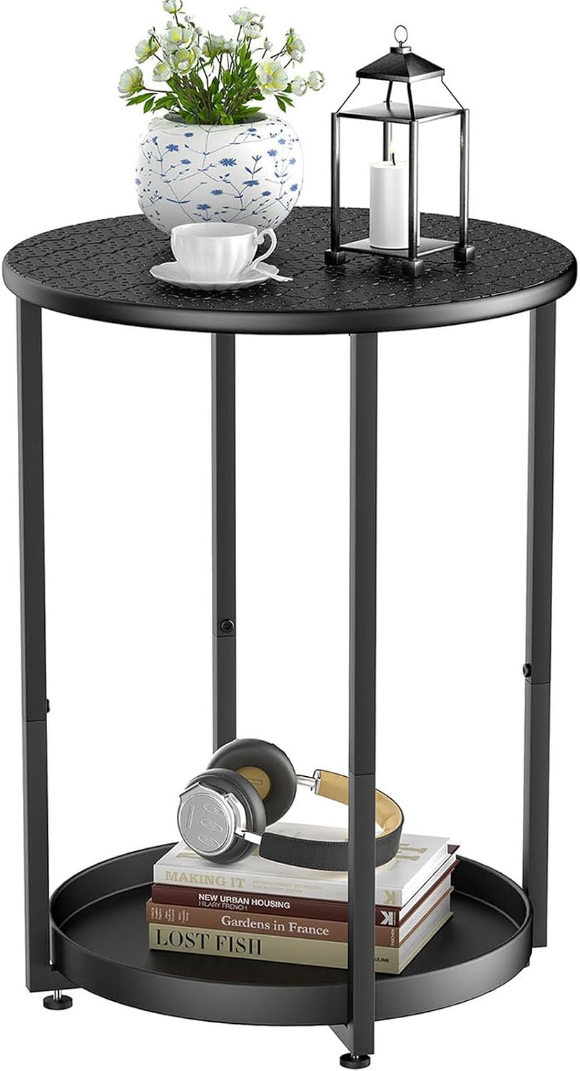 Small Round Side Table, 2 Tiers End Table, Nightstand with Metal Storage Shel...