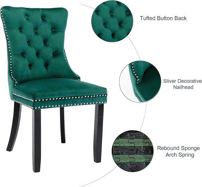 Velvet Dining Chairs Set of 4, Tufted Upholstered Dining Room Chairs with Back Ring Pull, Nailhead Trim and Solid Wood Legs, Modern Dining Chairs for Dining Room, Kitchen(Green)