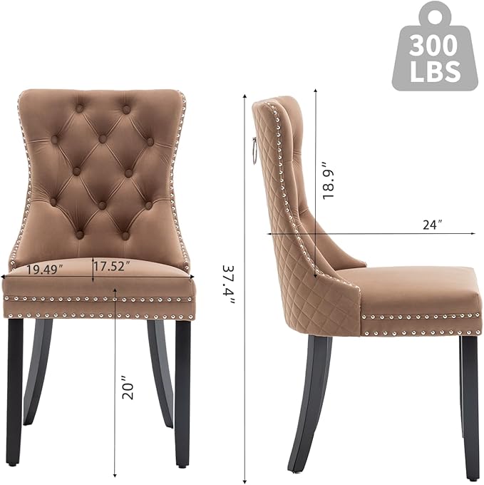 Velvet Dining Chairs Set of 4, Upholstered Dining Room Chairs with Nailhead Trim, Sillas de Comedor Modernas 4, Wooden Kitchen Chairs for Dining Room, Living Room, Kitchen, Bedroom, Brown
