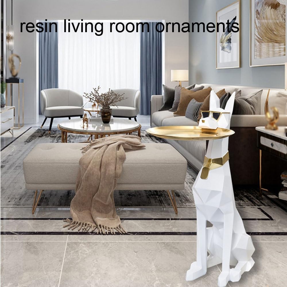 Modern Resin Doberman Sculpture Side Table with Metal Serving Tray, Corner Ta...