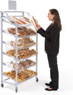 Displays2go Metal Wire Rack with Six Adjustable Shelves, Wire Display Rack with Wheels and Two Sign Holders
