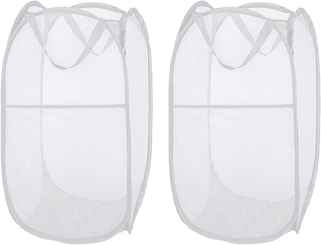 Larpur Pop Up Laundry Hampers, Portable Mesh Laundry Baskets, Collapsible Clothes Laundry Bin for Bedroom, Travel, Bathroom, College Dorm, White - 2 Pack