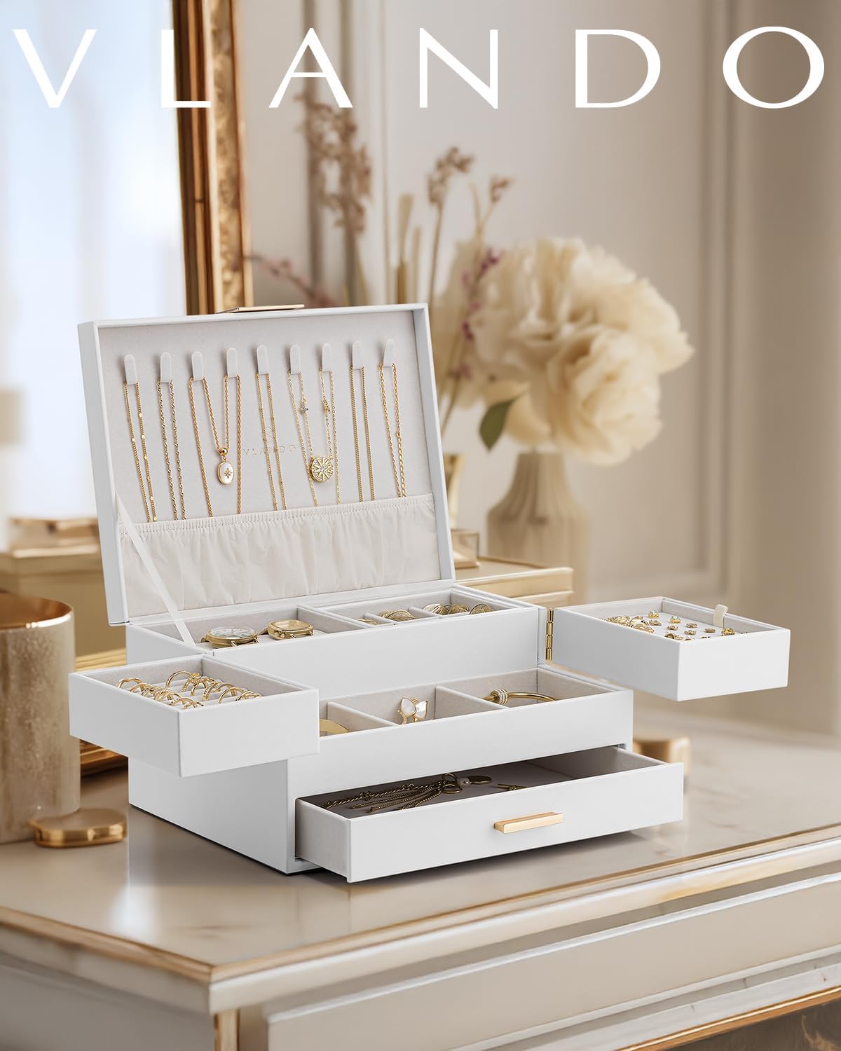 Vlando 3 Layer Jewelry Box - Women Jewelry Box with Retractable Tray - Jewelry Organizers with Drawer for Necklaces, Rings, Bracelets, Earrings, Gift for Couples Mom Girls - White