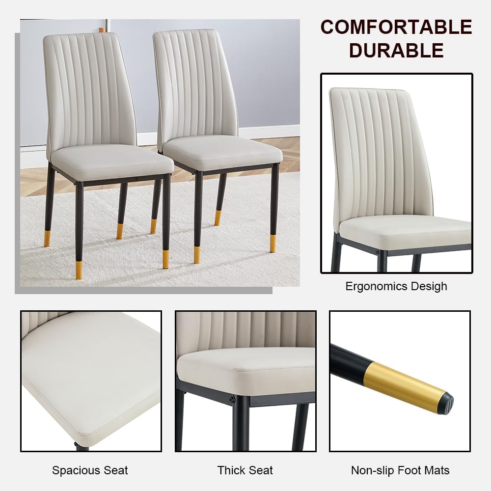 Modern Dining Table Set for 6, Marble Kitchen Table Chair Set for 6, Rectangular Kitchen Table with 6 Pu Leather Upholstered Chair for Dining Room