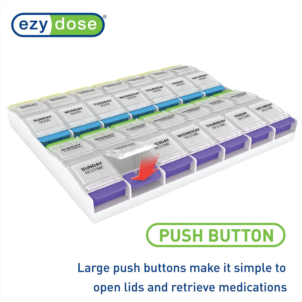 EZY DOSE Weekly (7-Day) Pill Organizer, Vitamin Container, and Daily Medicine Planner, 2X-Large Push Button Compartments, Arthritis Friendly, Easy to Use, 4 Times a Day, Clear Lids, BPA Free