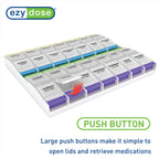 EZY DOSE Weekly (7-Day) Pill Organizer, Vitamin Container, and Daily Medicine Planner, 2X-Large Push Button Compartments, Arthritis Friendly, Easy to Use, 4 Times a Day, Clear Lids, BPA Free