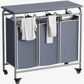 LINZINAR 3 Bag Laundry Basket Sorter Heavy Duty Rolling Lockable Wheels Laundry Hamper Cart with Ironing Board and Removable Bags, Grey
