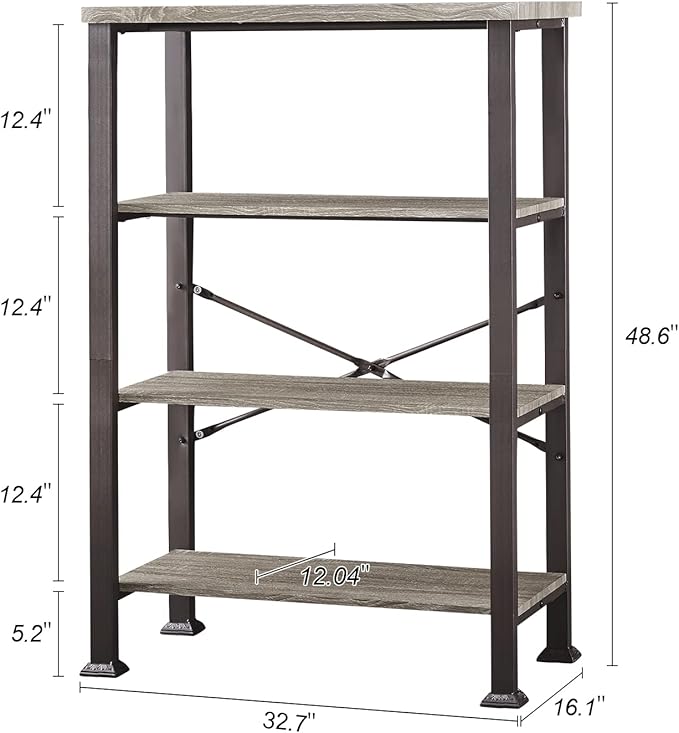 HOMBAZAAR 4 Tier Bookshelf,Grey Industrial Book Shelf,Engineered Wood and Metal Deep Bookcases,Low Shelf Bookcase for Living Room,Office,Bedroom and Kitchen