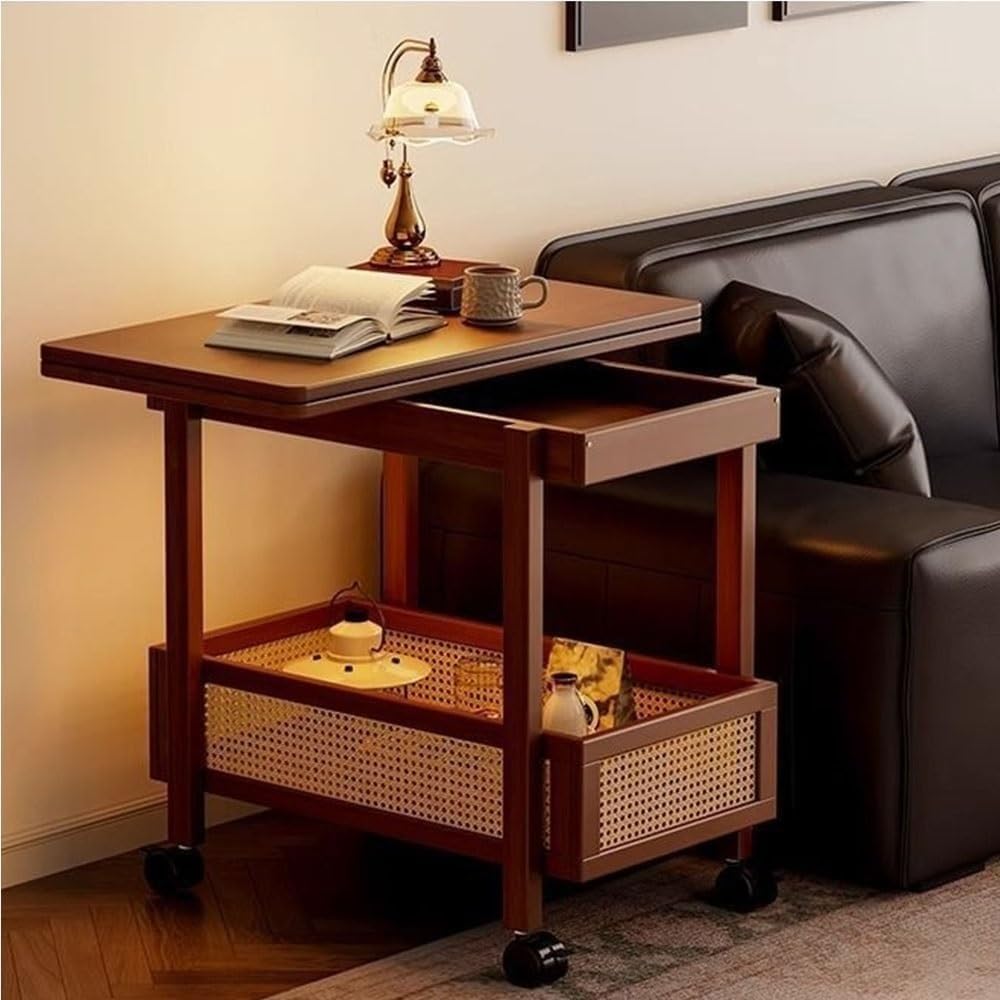 Expandable Wooden Coffee Table with Wheels Side Table with Storage Basket Rem...