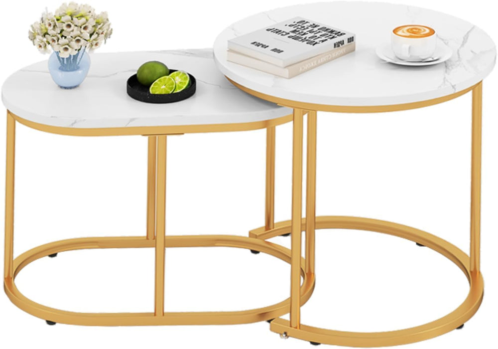 CASART Set of 2 Nesting Tables, Faux Marble Stacking Sofa Side Tables 2PCS Ro...