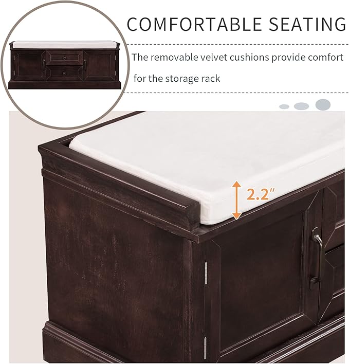 42″ Storage Bench with 2 Drawers and 2 Cabinets，Multipurpose Entryway Shoe Rack W/Removable Cushion，for Living Room Hallway Porch,Espresso