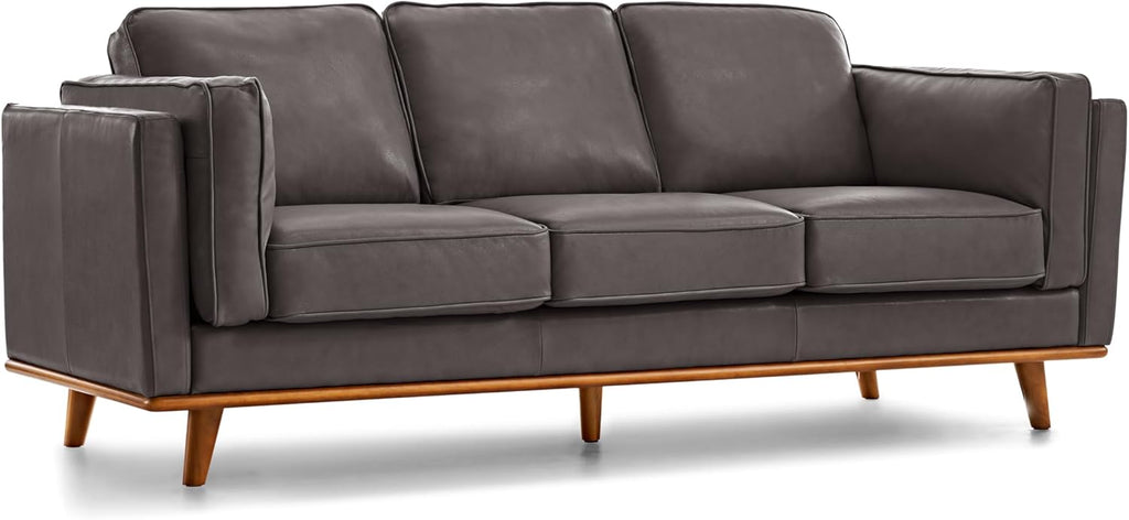 Valencia Artisan Full Leather Sofa 88” - Pure Full Italian Nappa Leather Couch, Solid Wood Accent, Ultimate Comfort, Modern Grey