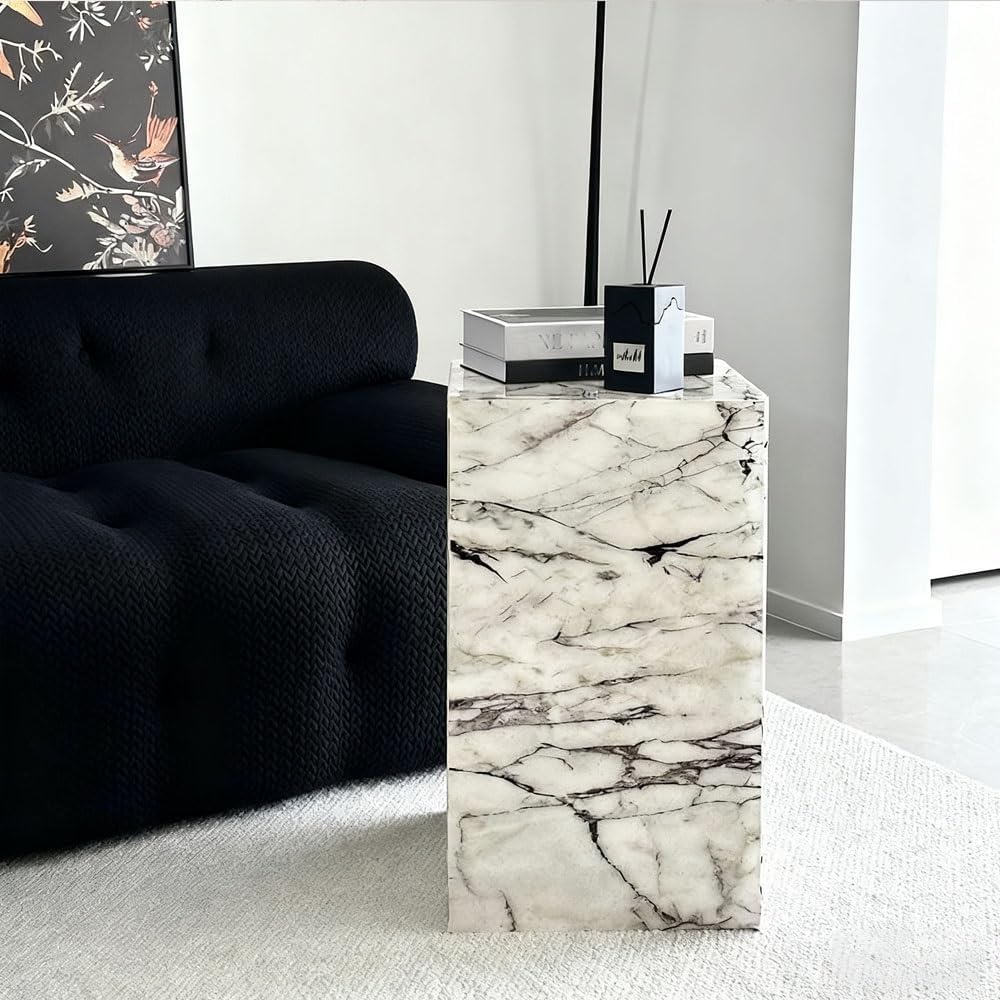 Cube Side Table, Floor-Standing End Table, Imitation Marble Texture Coffee Ta...