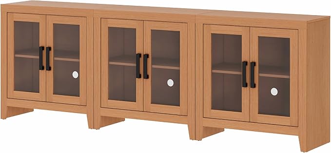 WAMPAT Farmhouse TV Stand for TVs up to 85”, Rustic Wood Entertainment Center with Adjustable Shelf, Glass Doors & Storage, Media Console Cabinet for Living-Room, Bedroom, Mocha