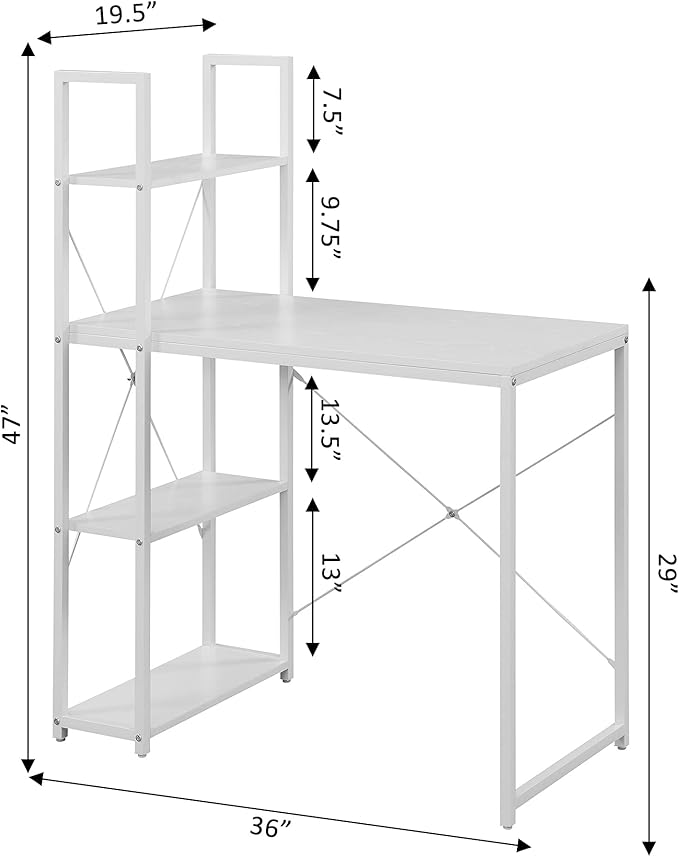 Convenience Concepts Desigsn2Go Office Workstation Desk 36" - Modern, Contemporary Writing Accent with Storage Shelves for Dorm Room & Home Study, White