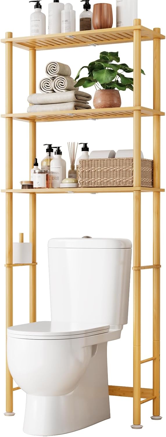 Kitsure Over The Toilet Shelf - 3-Tier Bamboo Bathroom Organizers and Storage with Paper Holder, Over Toilet Bathroom Organizer with Wall Anchor for Balcony, Laundry, Natural, 3 Tiers (63" H)