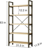 Real Solid Wood Rustic Vintage Industrial Etagere Bookshelf, Metal & Timber Free Vintage Bookcase, Retro Brown (Genuine Timber) (5-Tiers-Real Wood)