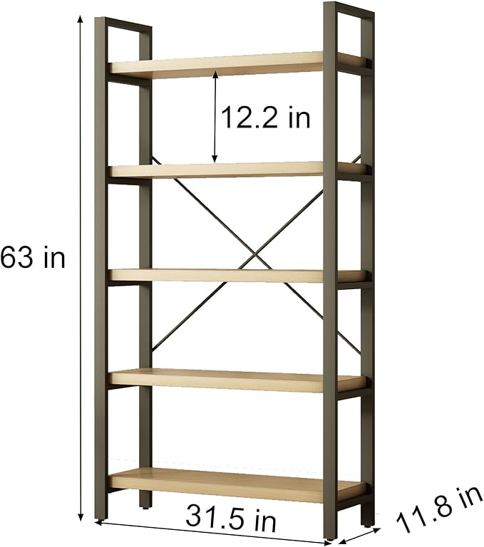 Real Solid Wood Rustic Vintage Industrial Etagere Bookshelf, Metal & Timber Free Vintage Bookcase, Retro Brown (Genuine Timber) (5-Tiers-Real Wood)