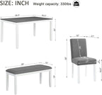 KEIKI 6-Piece Standard Height Dining Table Set with Rectangular Table, 4 Upholstered Curved Backrset Chair, Bench, for 6 Person, Modern Table Set, Easy Assembly, for Kitchen, Dining Room, White+Gray