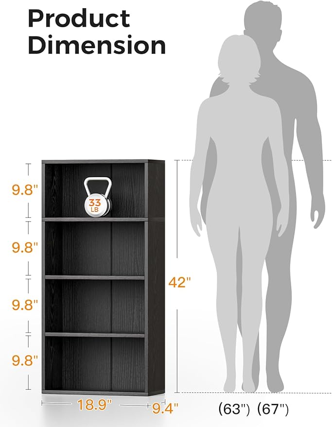 Casaottima 4-Tier Open Bookshelf and Bookcase, Floor Standing Display Storage Shelves for Living Room, Tall Book Shelf for Bedroom, Home Office, Dining Room, Black