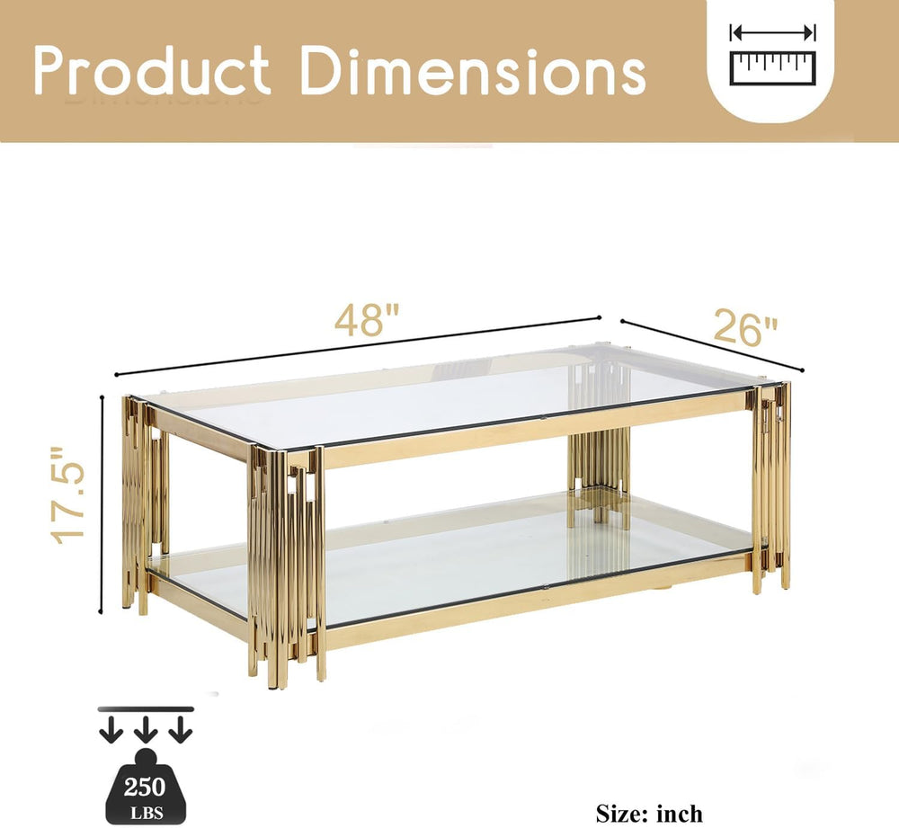 48-Inch Modern Rectangular Glass Coffee Table with Gold Stainless Steel Pipe ...
