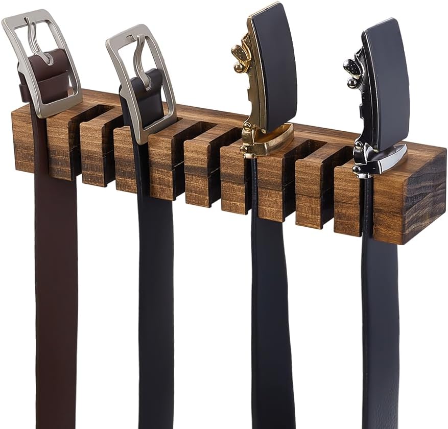 PH PandaHall Belt Organizer, Wooden Belt Holder Wall Mounted Belts Hanger with Slots Space Saving Storage for 10 Belts, Home Bedroom Closet Retail Shop, Camel, 1pc, 10.7x1.5x2.4inch