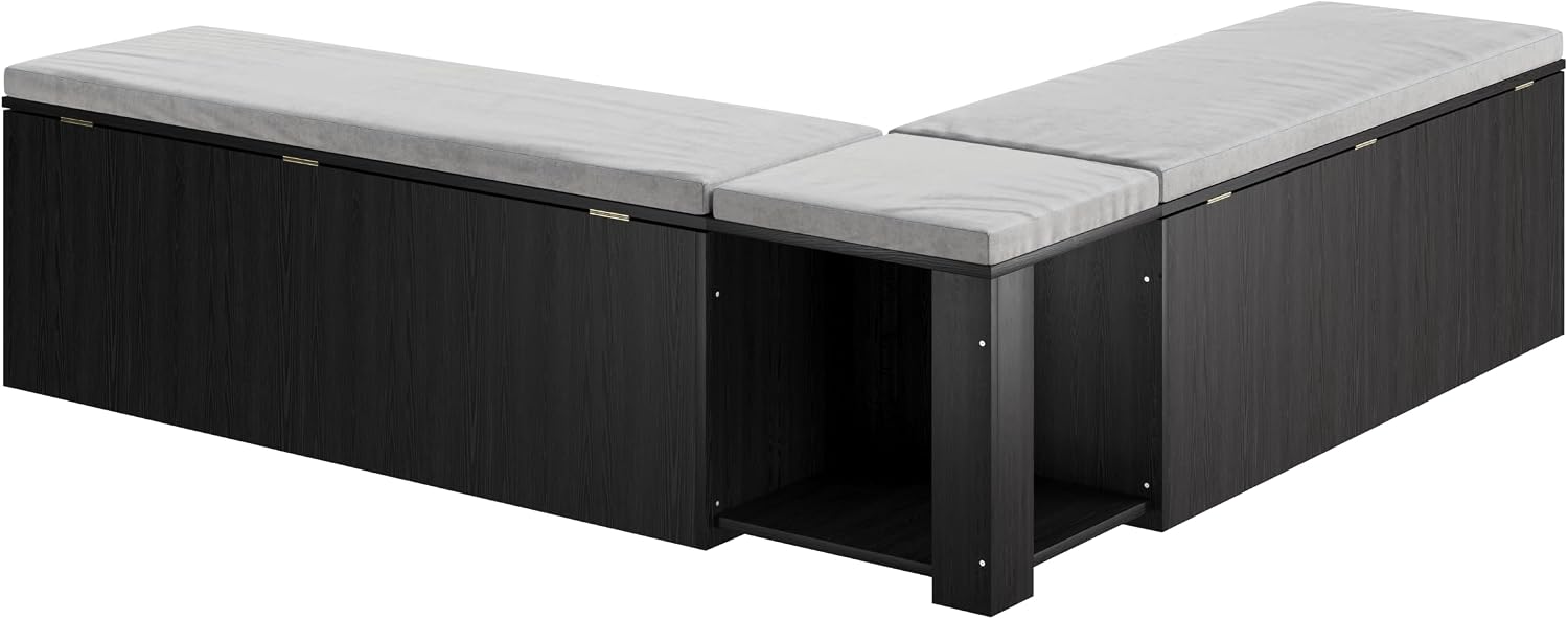 Mekminop Kitchen Breakfast Nook Bench, Backless Wood Corner Bench with Cushion Seat, L Shape Dining Bench with Hidden Storage Space, Black