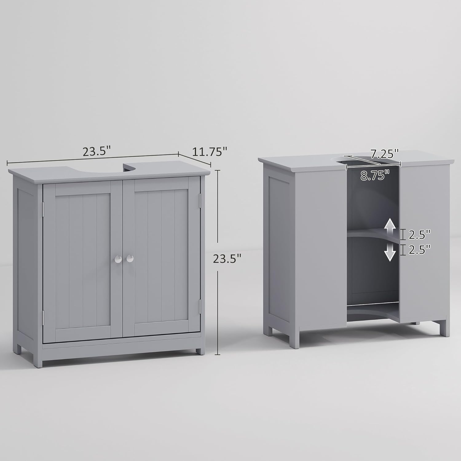 kleankin 23.5" Pedestal Sink Storage Cabinet, Freestanding Bathroom Under Sink Cabinet with U-Shape Cut-Out and Adjustable Shelf, Gray