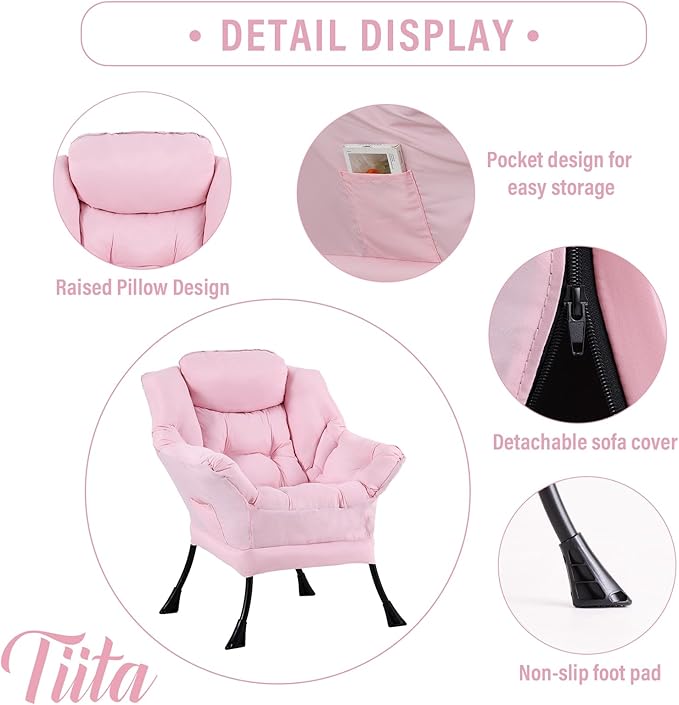 Tiita Lazy Chair with Ottoman, Modern Large Accent Lounge Armchair, Comfy Leisure Sofa Reading Chair with Footrest for Bedroom, Living Room, Dorm Rooms, Garden and Courtyard, Pink