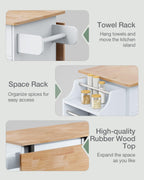 Kitchen Island on Wheels Kitchen Cart with Rubber Wood Top, Mobile Kitchen Island with Double Storage Cabinet and Drawers, Island Table for Kitchen (White)