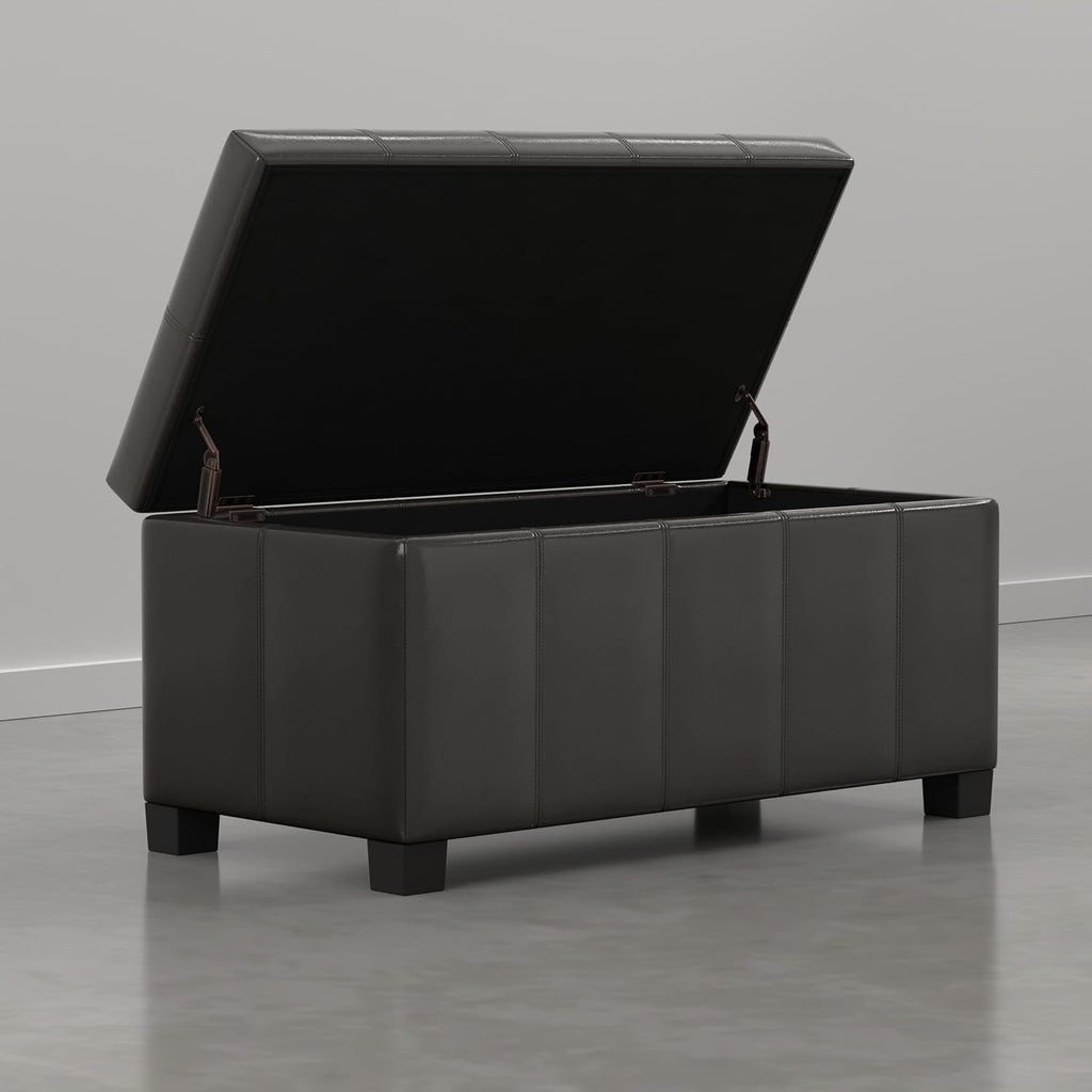SIMPLIHOME Dover Storage Ottoman Bench - 36 inch Wide Upholstered Vegan Leather Rectangular Lift-Top Ottoman in Dark Clove Brown, Contemporary Bench for Living Room with Safety Hinges