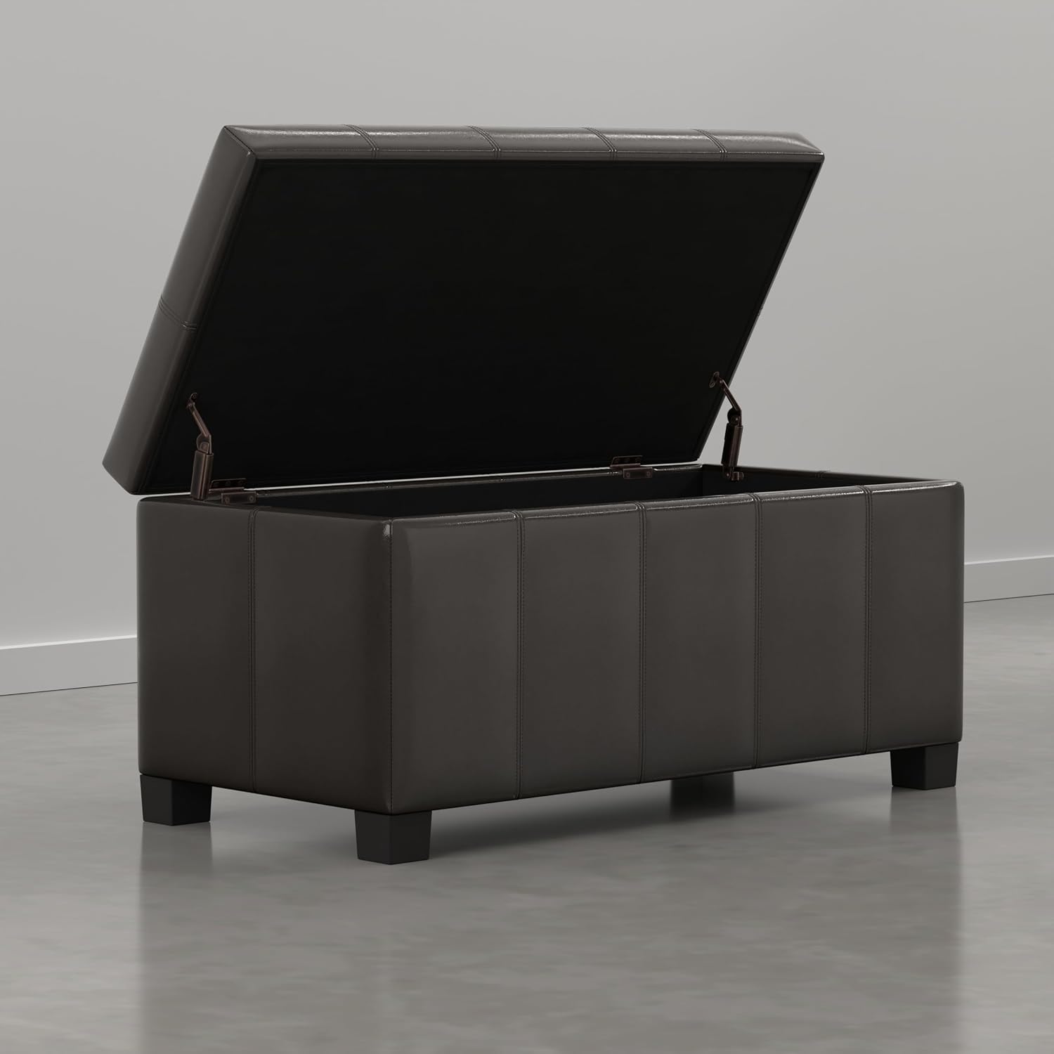 SIMPLIHOME Dover Storage Ottoman Bench - 36 inch Wide Upholstered Vegan Leather Rectangular Lift-Top Ottoman in Dark Clove Brown, Contemporary Bench for Living Room with Safety Hinges
