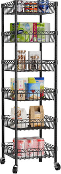 6 Shelves Storage Shelf Wire Closet Bathroom Organizers Metal Pantry Kitchen Garage Shelving Unit Laundry Room Organization Home Rack Net Basket Black with Wheels 14" Dx14 Wx64.8 H