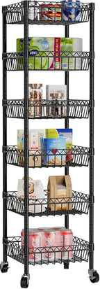6 Shelves Storage Shelf Wire Closet Bathroom Organizers Metal Pantry Kitchen Garage Shelving Unit Laundry Room Organization Home Rack Net Basket Black with Wheels 14" Dx14 Wx64.8 H
