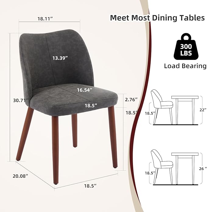 Dining Chair Set of 4, Leather Upholstered Dining Chair with Wood Legs, Wing Backrest, Wooden Kitchen Chair, Kitchen Chairs with Thick Cushions for Dining Room, Living Room, Dark Grey