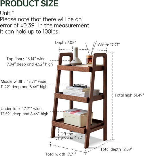 100% Solid Wood 3-Tier Ladder Shelf, Small Bookcase, Storage End Table, Open Display Stand for Living Room, Bedroom, Kitchen, Bathroom (Walnut Color)
