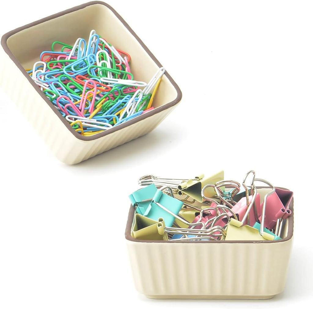 Ceramic Set 2, Square Dispenser/Organizer/Holder for Desk - Cute Office Binder Clip/Pin holders (Yellow)