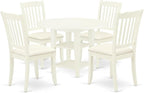 East West Furniture SUDA5-LWH-C 5 Piece Kitchen Table Set for 4 Includes a Round Dining Room Table with Dropleaf & Shelves and 4 Linen Fabric Upholstered Chairs, 42x42 Inch, Linen White