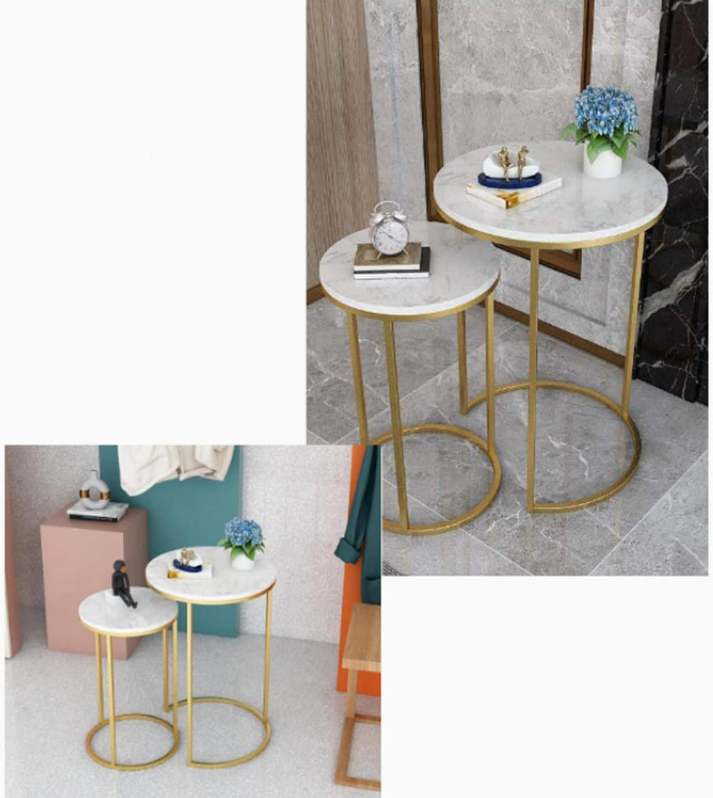 Round Nesting Table, Set of 2 Coffee Tables with Marble Top Stackable Side Ta...