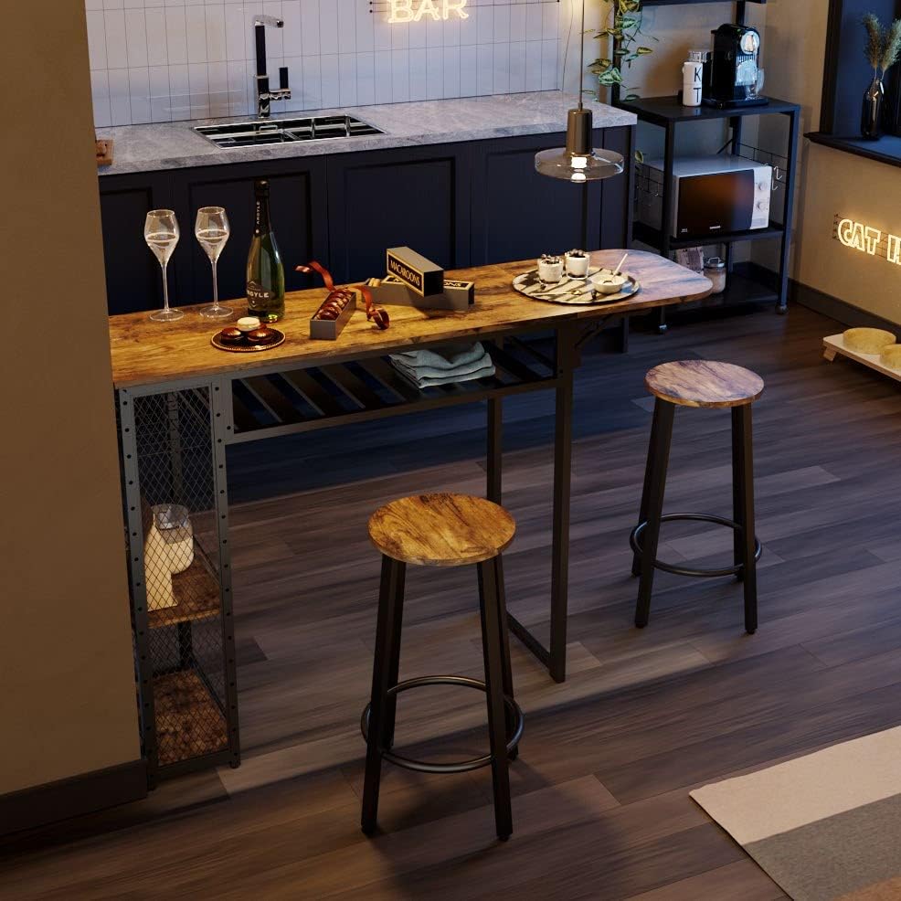 Bestier Bar Table and Chair Set, Expandable Dining Table with 2 Bar Stools, Industrial Kitchen Counter with Wine Rack & 3 Tier Adjustable Storage Shelves Rustic Brown