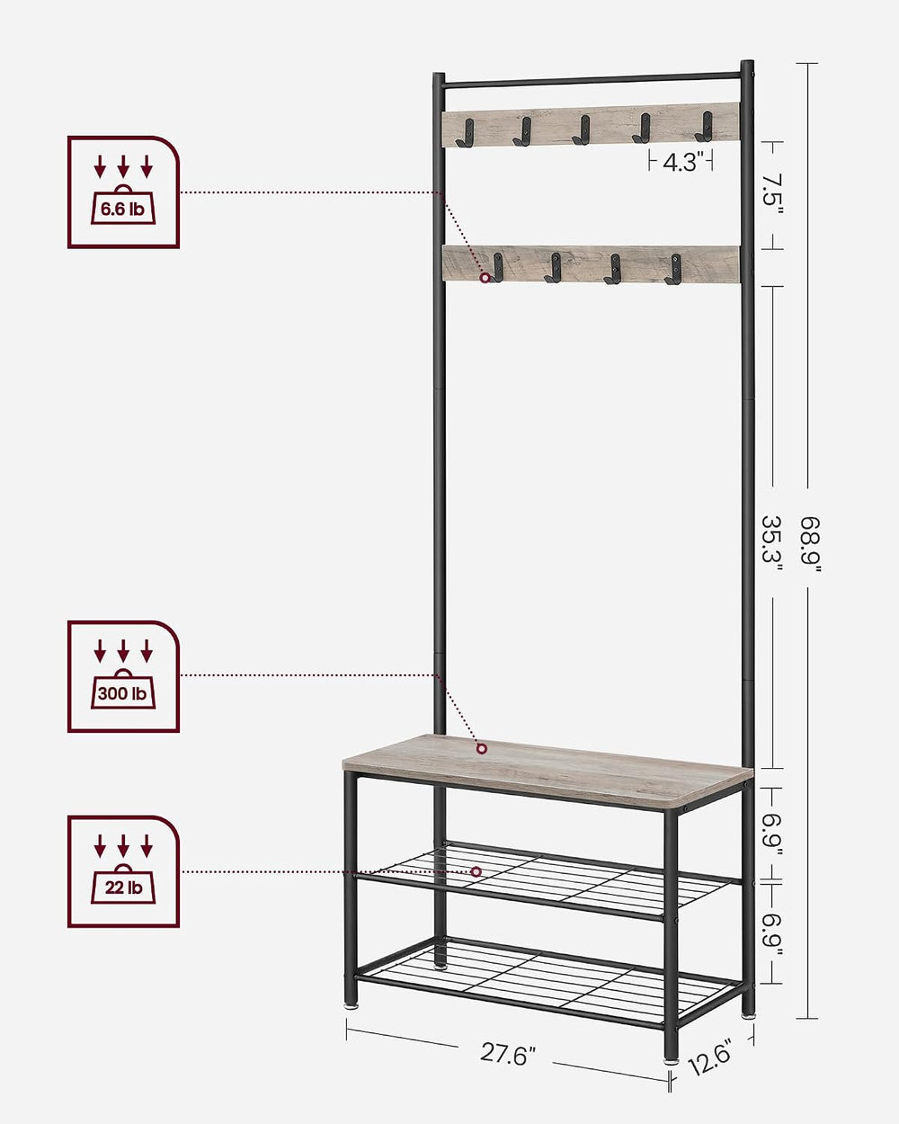 VASAGLE Coat Rack, Hall Tree with Shoe Storage Bench, 3-in-1, Steel Frame