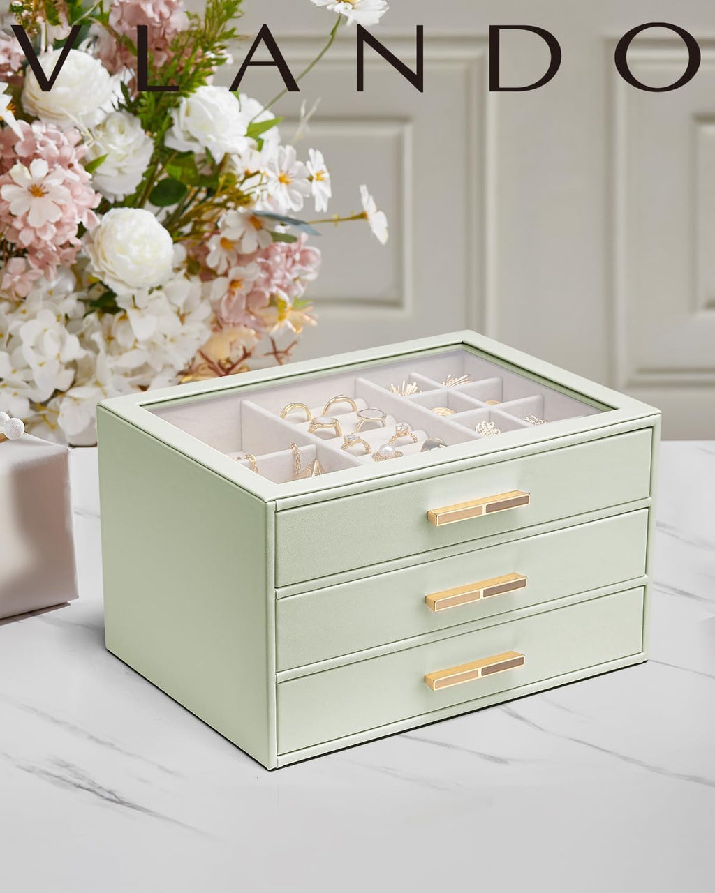 VLANDO Jewelry Box for Women, Glass Lid Jewelry Organizer with 3 Drawers for Necklaces Rings Earrings Bracelets - Sage Green