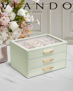 VLANDO Jewelry Box for Women, Glass Lid Jewelry Organizer with 3 Drawers for Necklaces Rings Earrings Bracelets - Sage Green